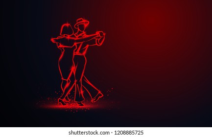 Couple dancing foxtrot. Vector red neon banner with copy space.