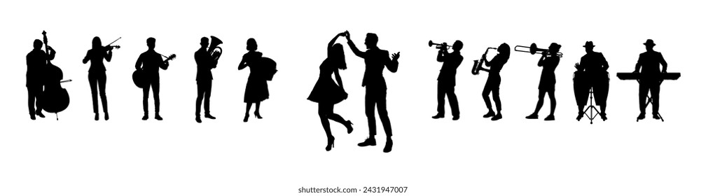 A couple dancing with group of street musicians playing music silhouette.	