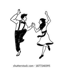 Couple dancing hand-drawn illustration. Cute cartoon vector clip art of a boy and girl performing pair dance at the party as a duet. Black and white sketch of a man and woman dancing together