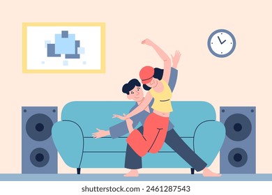 Couple dancing at home. Teenagers dance hip hop, energy dancers in living room. Young lifestyle, happy boy and girl spend time together recent vector scene