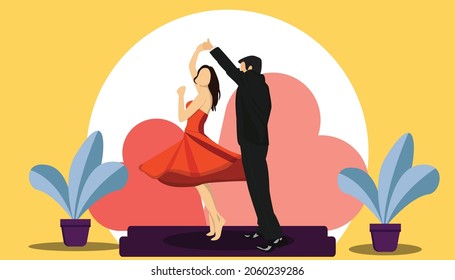 Couple dancing illustration. Man and woman in the red dress. Simple flat couple dancing.