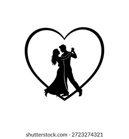 Couple dancing inside heart shape isolated on white background