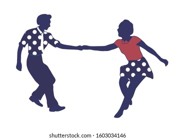 Couple dancing jazz swing isolated on white background. Clothes in pop art print polka dots. Vintage vector style 1950s. People in pop art clothes. Rockabilly, charleston, lindy hop or boogie woogie.