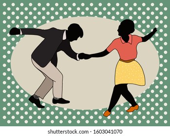 Couple dancing jazz swing isolated on polka dots background. Horizontal template copy space.Vintage vector style 1950s.Realistic,stylistic characters.Rockabilly,charleston, lindy hop or boogie woogie.