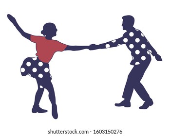 Couple Dancing Jazz Swing Isolated On White Background. Clothes In Pop Art Print Polka Dots. Vintage Vector Style 1950s. People In Pop Art Clothes. Rockabilly, Charleston, Lindy Hop Or Boogie Woogie.