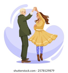 Couple dancing joyfully in colorful attire on abstract background. Vector illustration