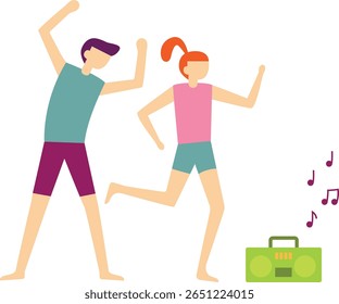 Couple dancing joyfully together, surrounded by vibrant music notes emanating from a portable stereo, embodying an active lifestyle filled with leisure, fun, and shared happiness