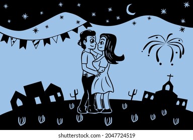 Couple dancing forró in a June party, art in woodcut style. Literature of twine.