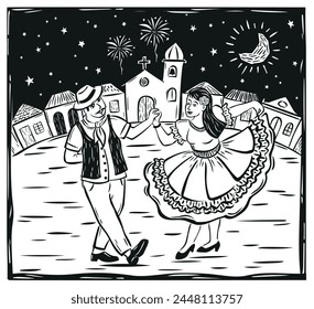 Couple dancing at a June party at night. Illustration in the woodcut style of cordel from northeastern Brazil.