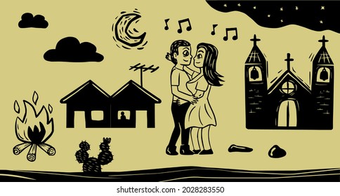 Couple dancing at June party. Traditional celebration of the Northeast of Brazil. Woodcut Style and Cordel Literature