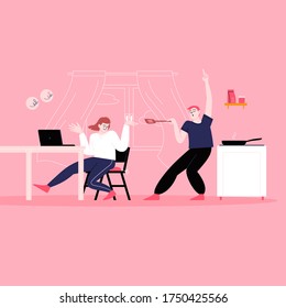 A couple dancing at the kitchen while cooking and working. Having fun at home
