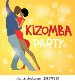 Couple dancing Kizomba in bright costumes. Vector illustration.