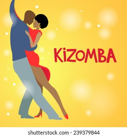 Couple dancing Kizomba in bright costumes. Vector illustration.