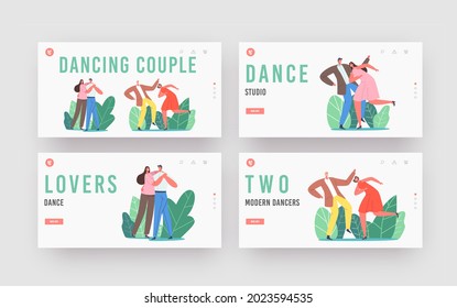 Couple Dancing Landing Page Template Set. Men and Women Characters Active Sparetime, Lifestyle, Lovers or Friends Spend Time on Disco Party, Dance Hobby Leisure. Cartoon People Vector Illustration