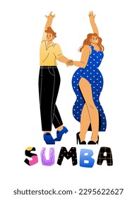 Couple dancing latin dance. Energetic positive man and woman dancing traditional brazilian samba to music. Carnival or party. Cartoon flat vector illustration isolated on white background