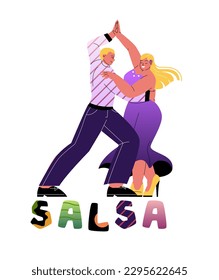 Couple dancing latin dance. Man and woman in classic outfits dance energetic salsa to cheerful music. Party in nightclub or carnival. Cartoon flat vector illustration isolated on white background