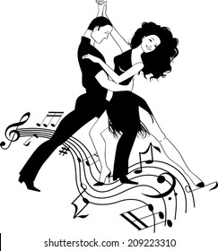 Couple dancing Latin dance on a  swirly music design, black and white