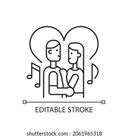 Couple dancing linear icon. Married young people slow dancing. Party activities for lovers. Thin line customizable illustration. Contour symbol. Vector isolated outline drawing. Editable stroke