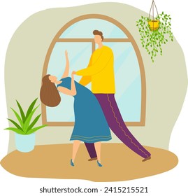 Pareja bailando en la sala de estar cerca de la ventana, hombre liderando la danza, actividad de ocio interior, expresión alegre ilustración vectorial. Una clase de baile en casa, vida doméstica, alegría diaria y pareja