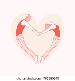 Couple dancing to make heart pose with body hand drawn style vector doodle design illustrations.