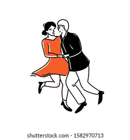 Couple dancing, man and woman in red dress in side by side position. Social dance illustration, doodle vector modern design.