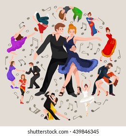 couple dancing modern dance, Partners bachata style design concept set, traditional flat isolated vector illustration of Man and woman ballroom dancers for studio class banner flyer tshirt