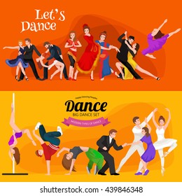 Couple Dancing Modern Dance, Partners Bachata Style Design Concept Set, Traditional Flat Isolated Vector Illustration Of Man And Woman Ballroom Dancers For Studio Class Banner Flyer Tshirt