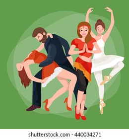 couple dancing modern dance, Partners bachata style design set, traditional flat isolated vector illustration of Man and woman ballroom dancers concept for studio class banner flyer tshirt