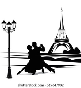 Couple dancing on the background of the Eiffel tower in black and white.