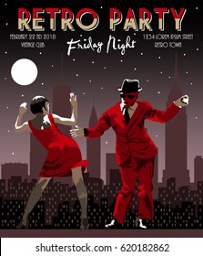 Couple dancing on the background of night city. Handmade drawing vector illustration. Vintage style.