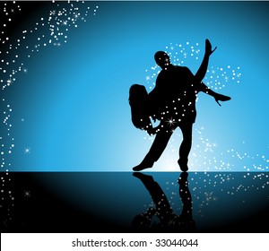 Couple dancing on blue background surrounded by sparkling stars