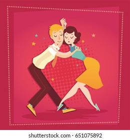 Couple dancing on stage. Vector illustration. Boogie woogie, lindy hop, swing dance.