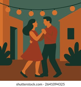 Couple Dancing Outdoors Under String Lights at Night