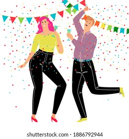 Couple dancing party. Cartoon happy persons celebrate in trendy business costumes, concept of partying and rest, vector illustration of characters drinking and dance in confetti