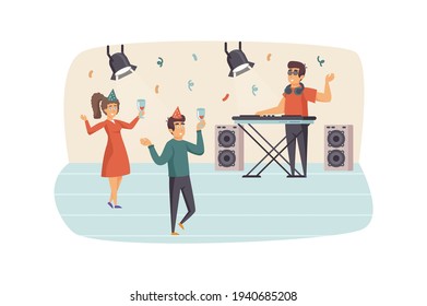 Couple dancing at party in club scene. Man and woman drinking wine, having fun. DJ plays music at mixing panel. Holiday celebration concept. Vector illustration of people characters in flat design