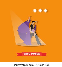 Couple dancing paso doble concept vector poster. People in beautiful dress dance on a stage.