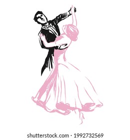 Couple dancing passionate dance. Suitable for waltz and others. Vector illustration, freehand drawing, imitation of a brush