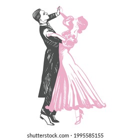 Couple dancing passionate dance. Suitable for waltz and others. Vector illustration, freehand drawing.