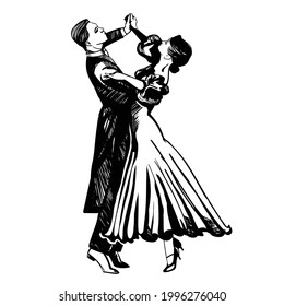 Couple dancing passionate dance. Suitable for waltz and others. Vector illustration, freehand drawing.
