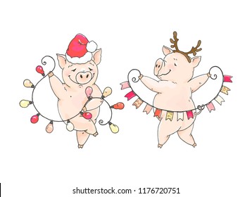 Couple of dancing pigs with garlands. Happy symbol 2019 year, template Christmas card. Vector hand drawn illustration, isolated on white background.