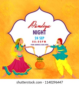 Couple in dancing pose on abstract floral, yellow background for Dandiya Night event celebration. Poster or flyer design with date, time and venue details.