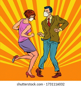 Couple dancing retro dance. Quarantine the epidemic, all people in masks. Pop art retro vector illustration 50s 60s style