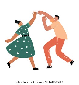 Couple dancing at Retro party. Dancing people enjoy at a dance party. Modern dance in a club. Cute vector illustration of dancers