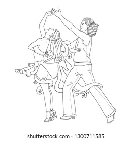 A couple dancing salsa or tango doing a turn. Outline vector illustration perfect for coloring book or page for kids or adults.