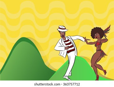 couple dancing Samba on a yellow background