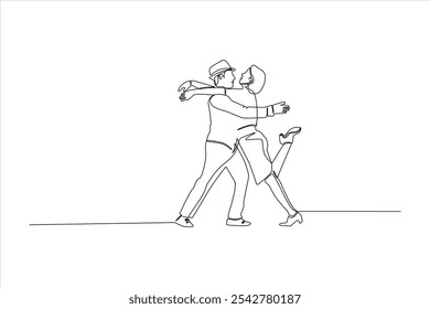 A couple dancing in a stylized, continuous line drawing, expressing joy and connection.