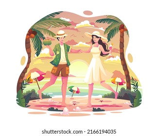 A couple is dancing at the summer beach party in the afternoon.
Happy young man and woman spend holiday summer time vacation together on the summer beach. Flat style vector illustration