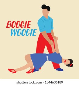 Doppeltanzschwung oder BOOGIE WOOGIE-Tanz, handgezeichnete Vektorillustration. Tänzer in Action-Cartoon-Charakter