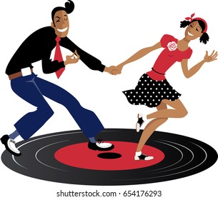 Couple dancing swing, lindy hop or rock and roll on a record, EPS 8 vector illustration