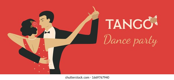 Couple dancing tango. 1920s style illustration. Red background. Template for invitation, poster, banner.